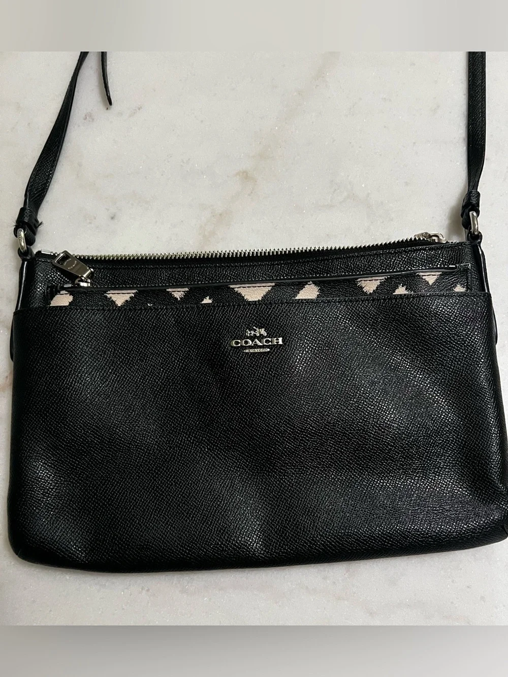 Coach East/West Leather Crossbody With Pop Up Black White Crisscross Print Pouch